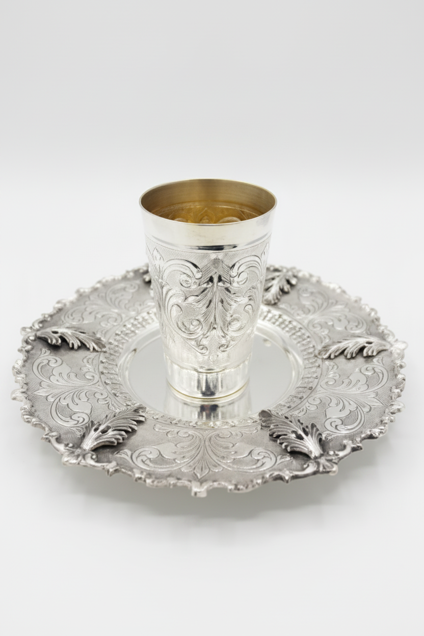 Silver kiddush cup with intricate design on a matching tray