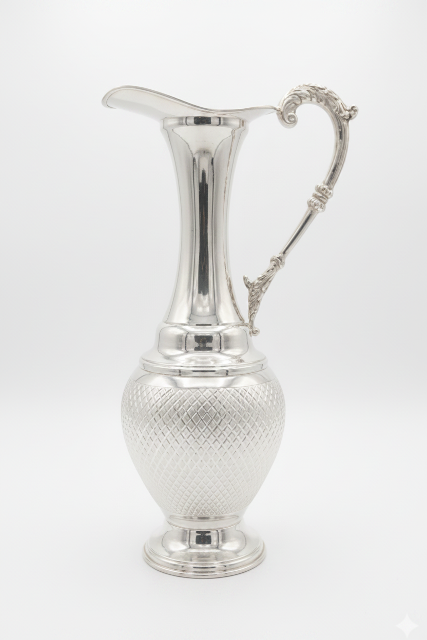 Silver pitcher with textured design on a white background