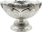 Decorative silver bowl with intricate engravings on a white background