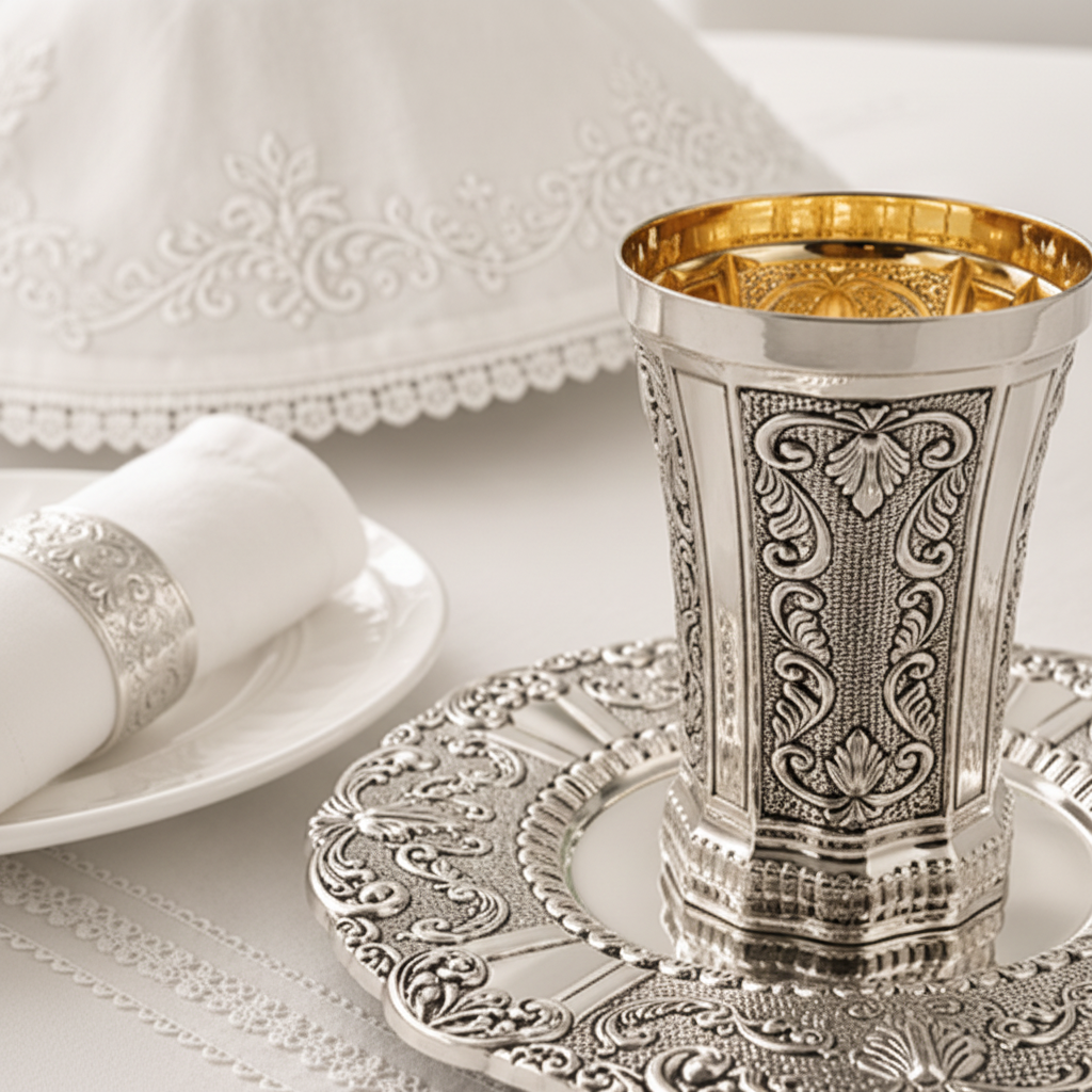 Silver kiddush  cup with gold interior on a matching silver tray by hadad bros