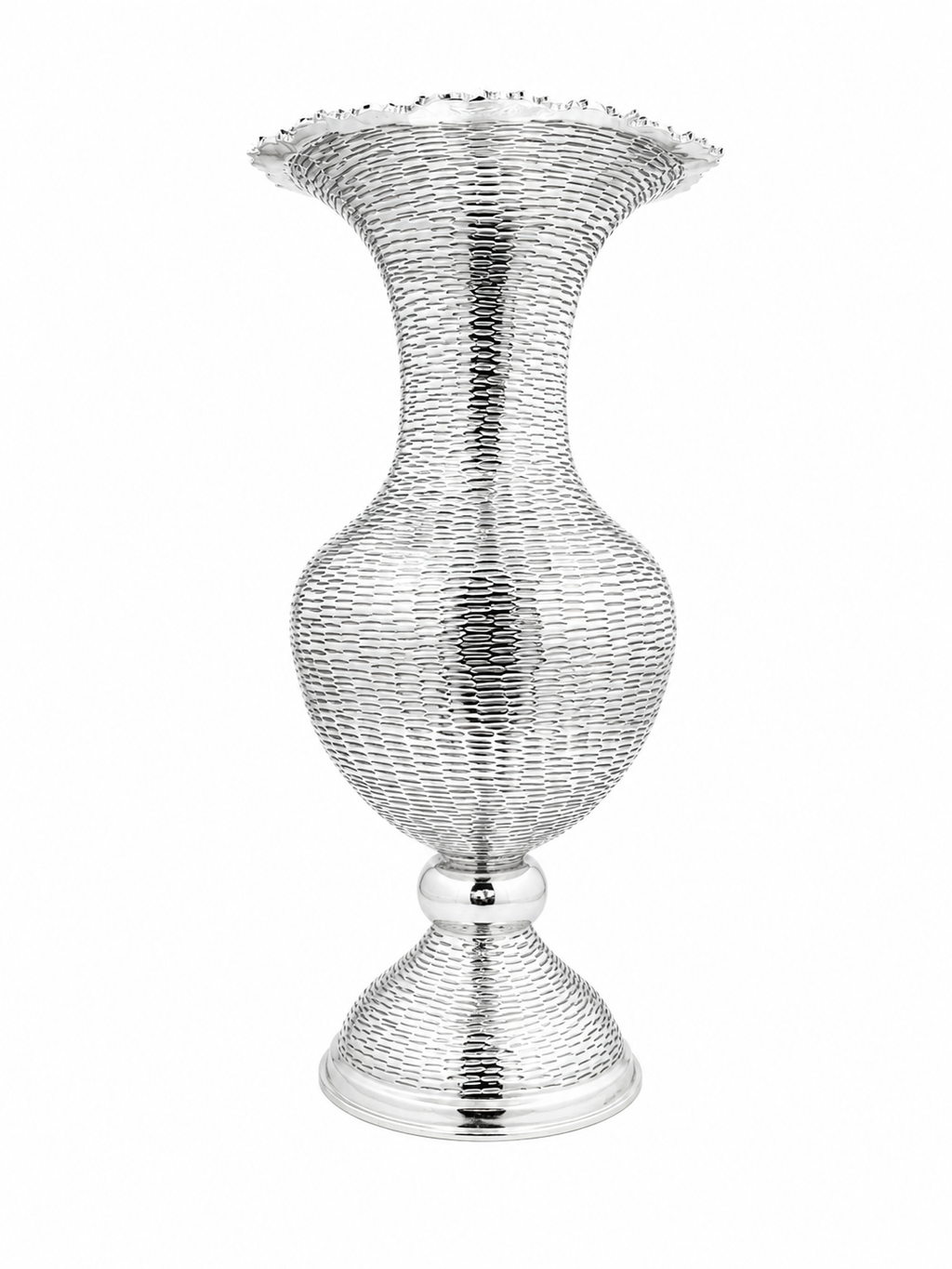 A silver vase with a stripes textured, ribbed body by hadad bros silverware