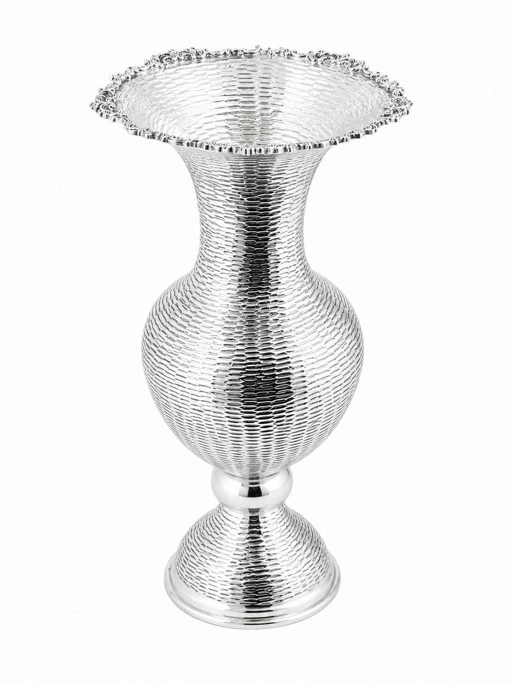 A silver vase with a stripes textured, ribbed body by hadad bros silverware