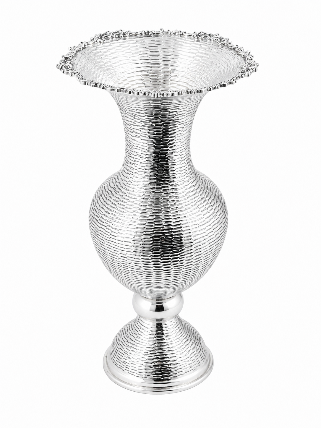A silver vase with a stripes textured, ribbed body by hadad bros silverware