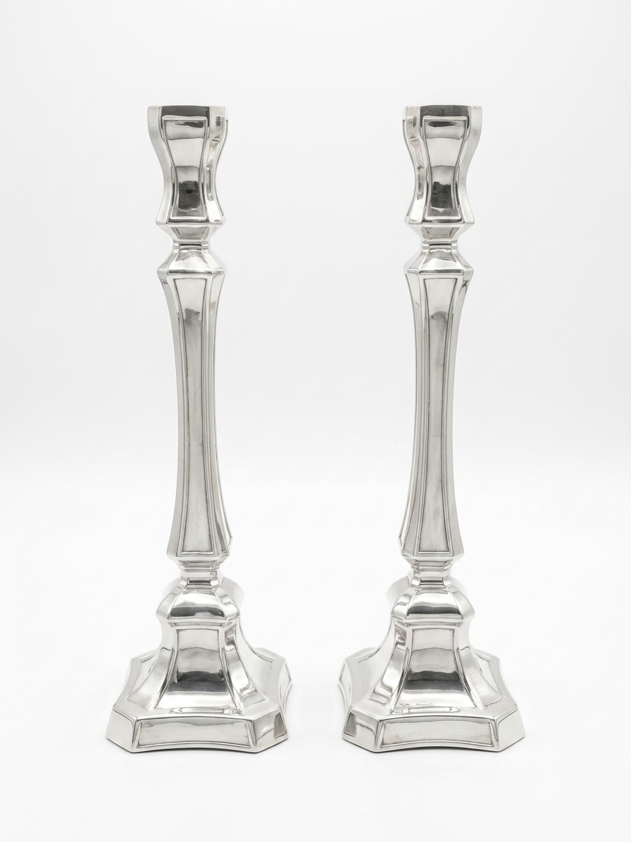 Two silver candlesticks on a white background