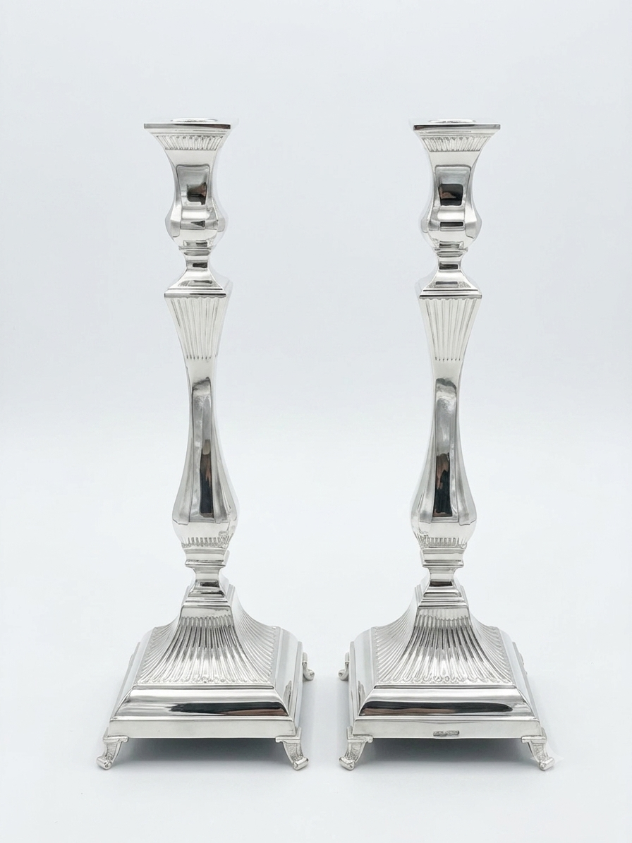 Pair of silver 925 candlesticks with intricate designs on a white background