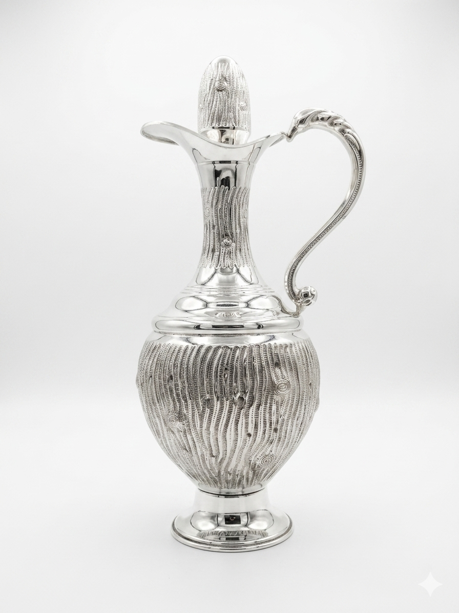 Silver pitcher with intricate design on a white background