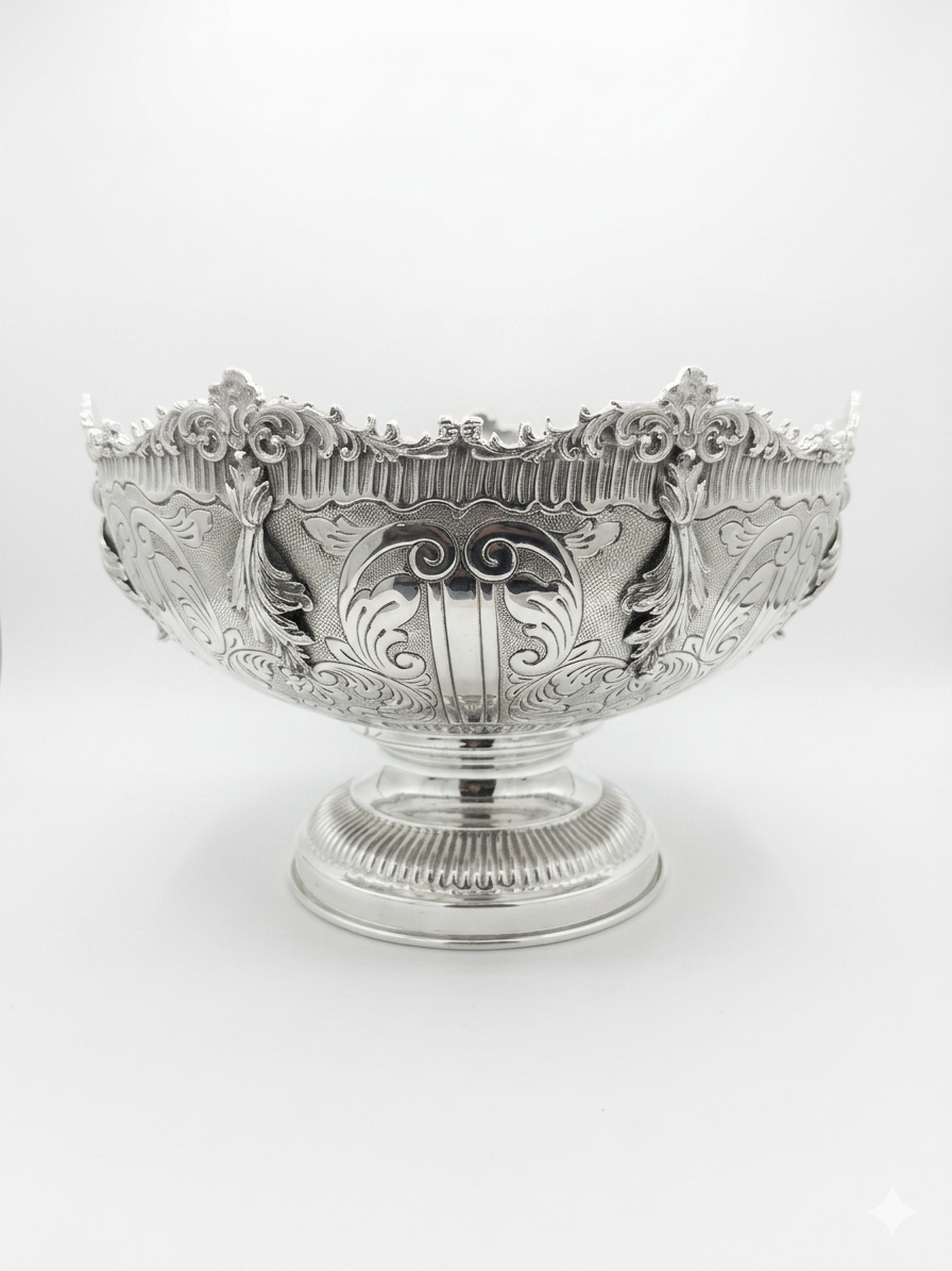Decorative silver bowl with intricate engravings on a white background