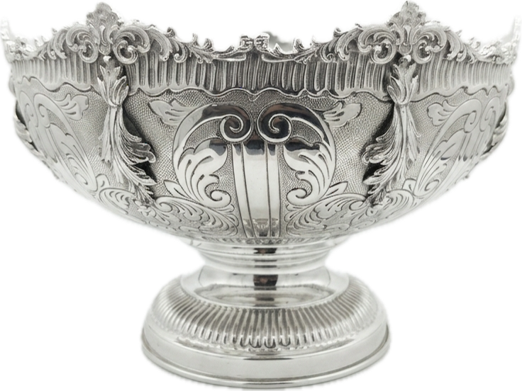 Decorative silver bowl with intricate engravings on a white background