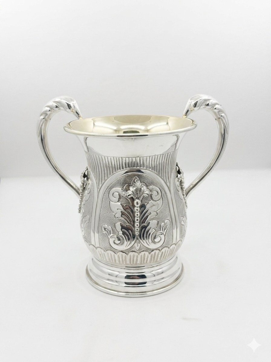 Silver natla cup with intricate designs on a white background
