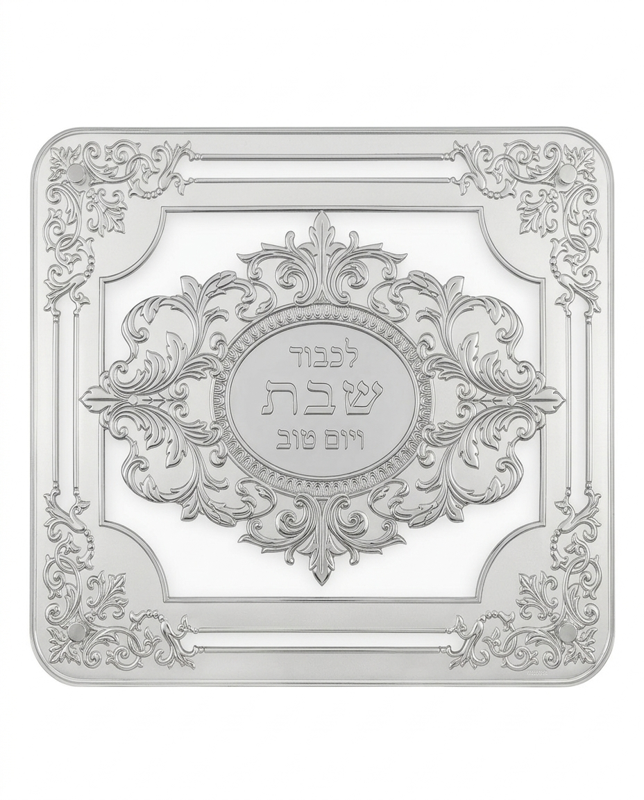 Decorative silver challah tray with intricate designs and Hebrew text on a white background