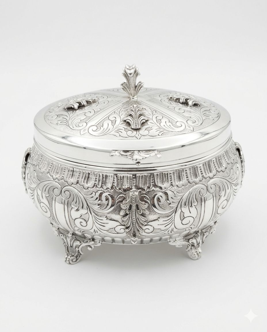 Decorative silver etrog box with intricate engravings on a white background
