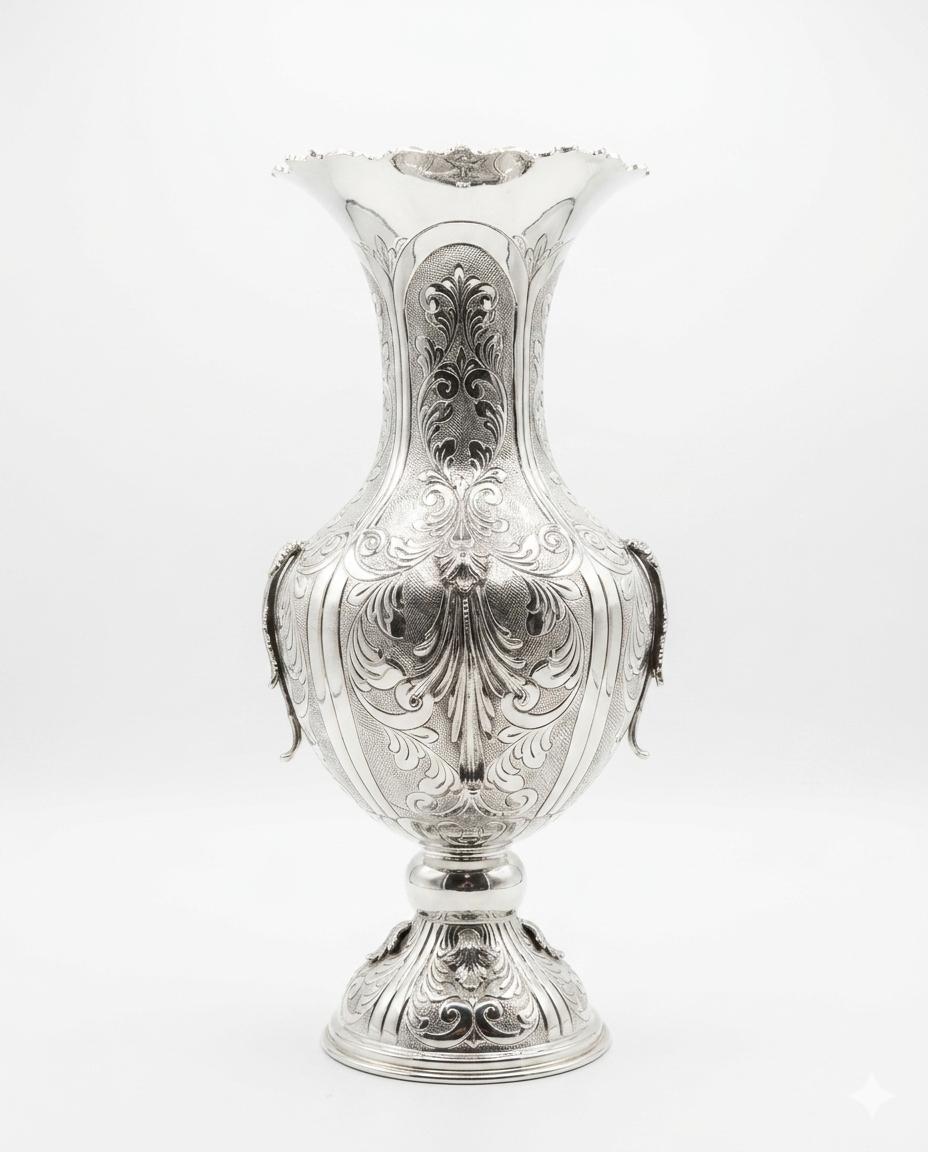 Silver vase with intricate designs on a white background
