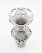 Silver vase with intricate designs on a white background