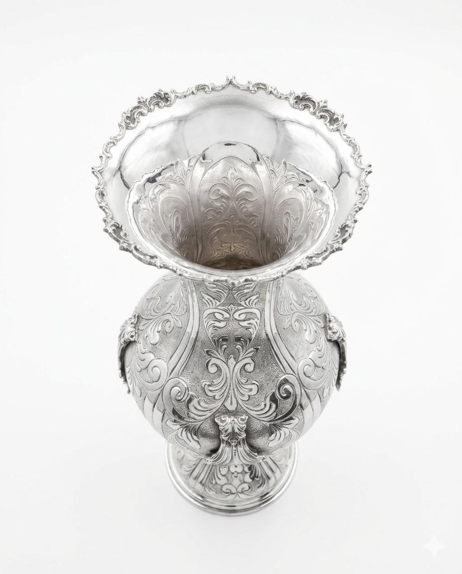 Silver vase with intricate designs on a white background