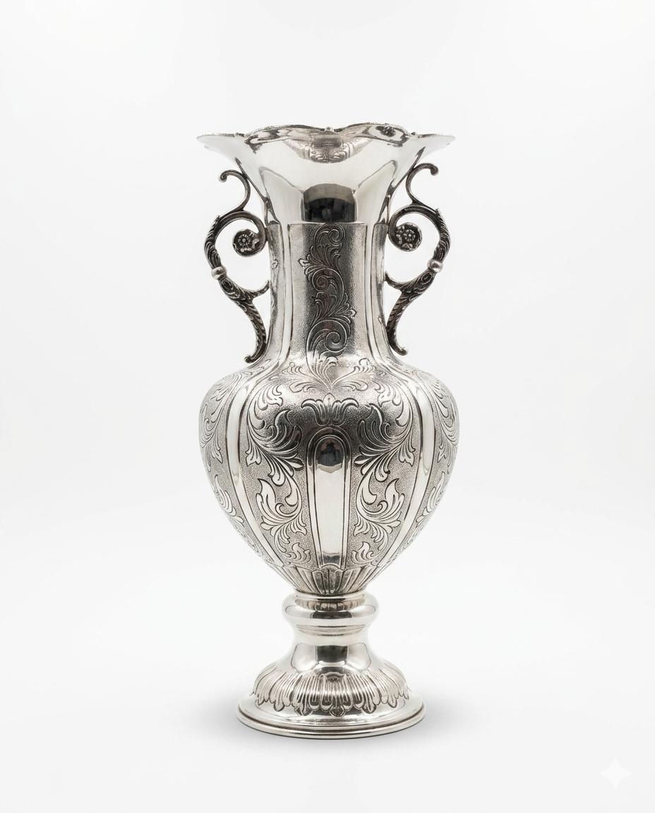 Silver vase with intricate designs on a white background