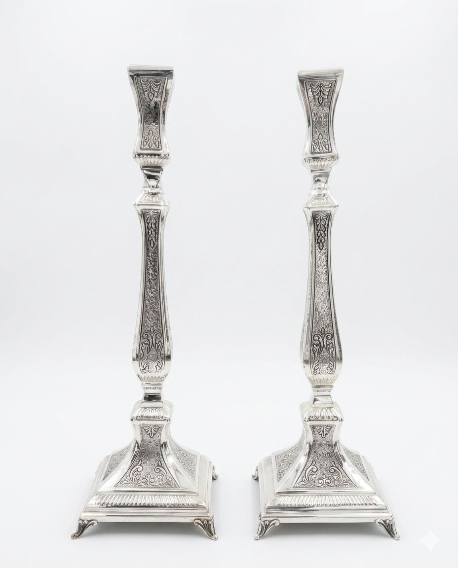 Pair of silver candlesticks with intricate designs on a white background