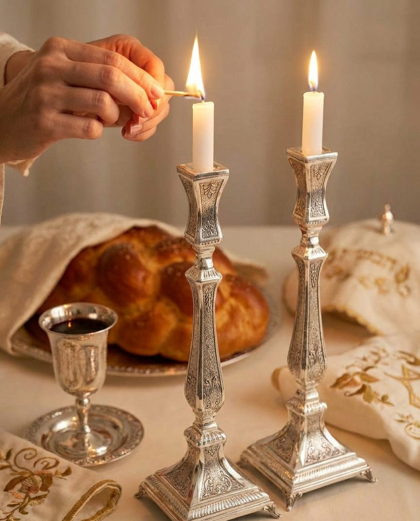 Candle lighting ceremony with silver candlesticks, bread, and wine on a table.