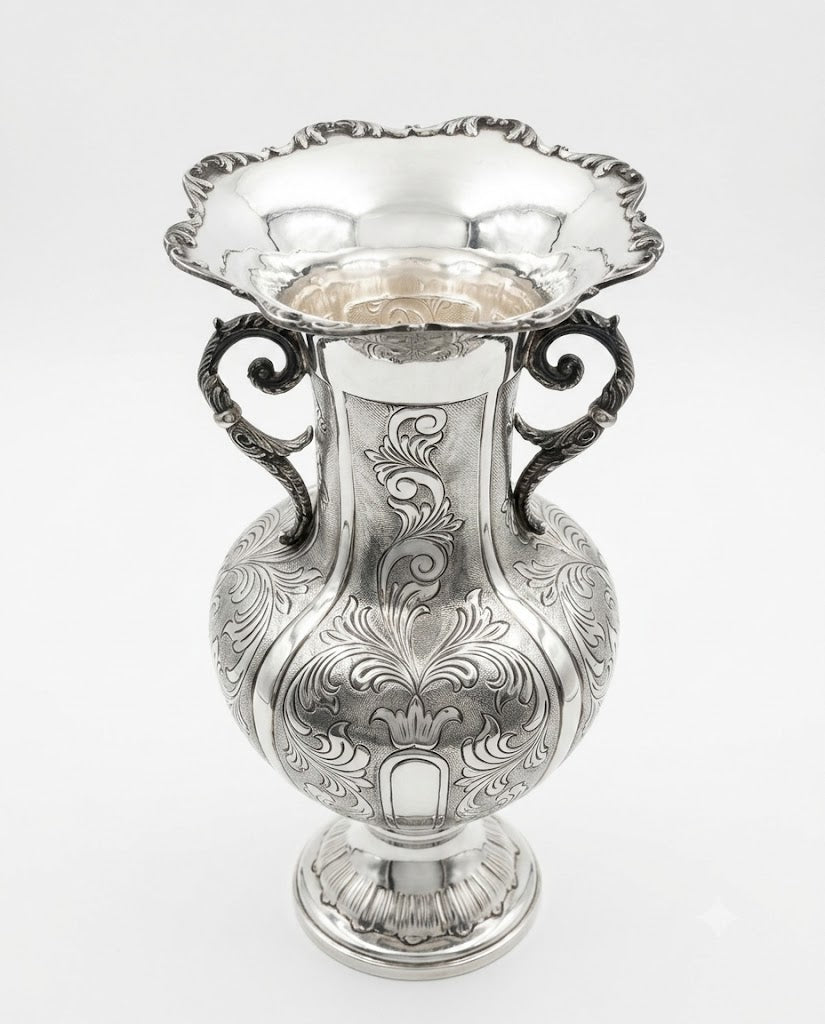 Silver vase with intricate designs on a white background