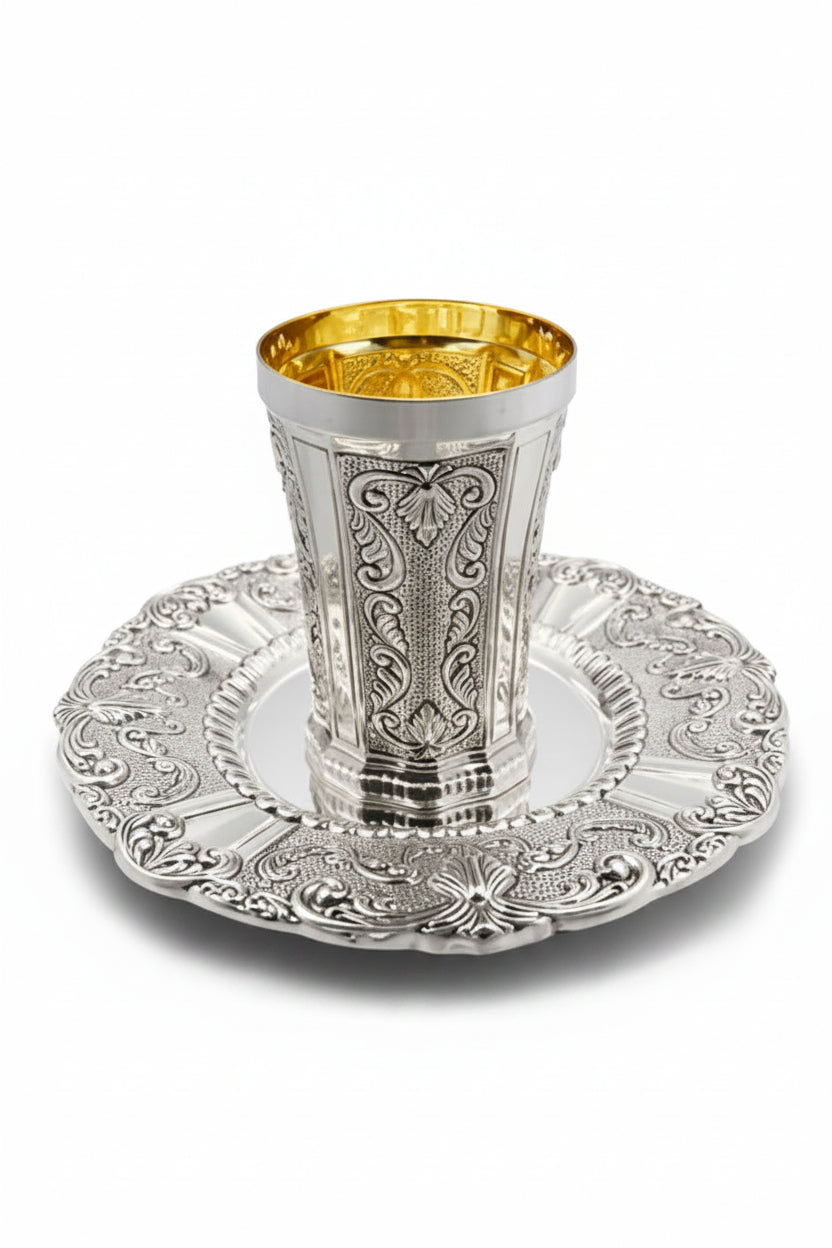 Silver kiddush  cup with gold interior on a matching silver tray by hadad bros