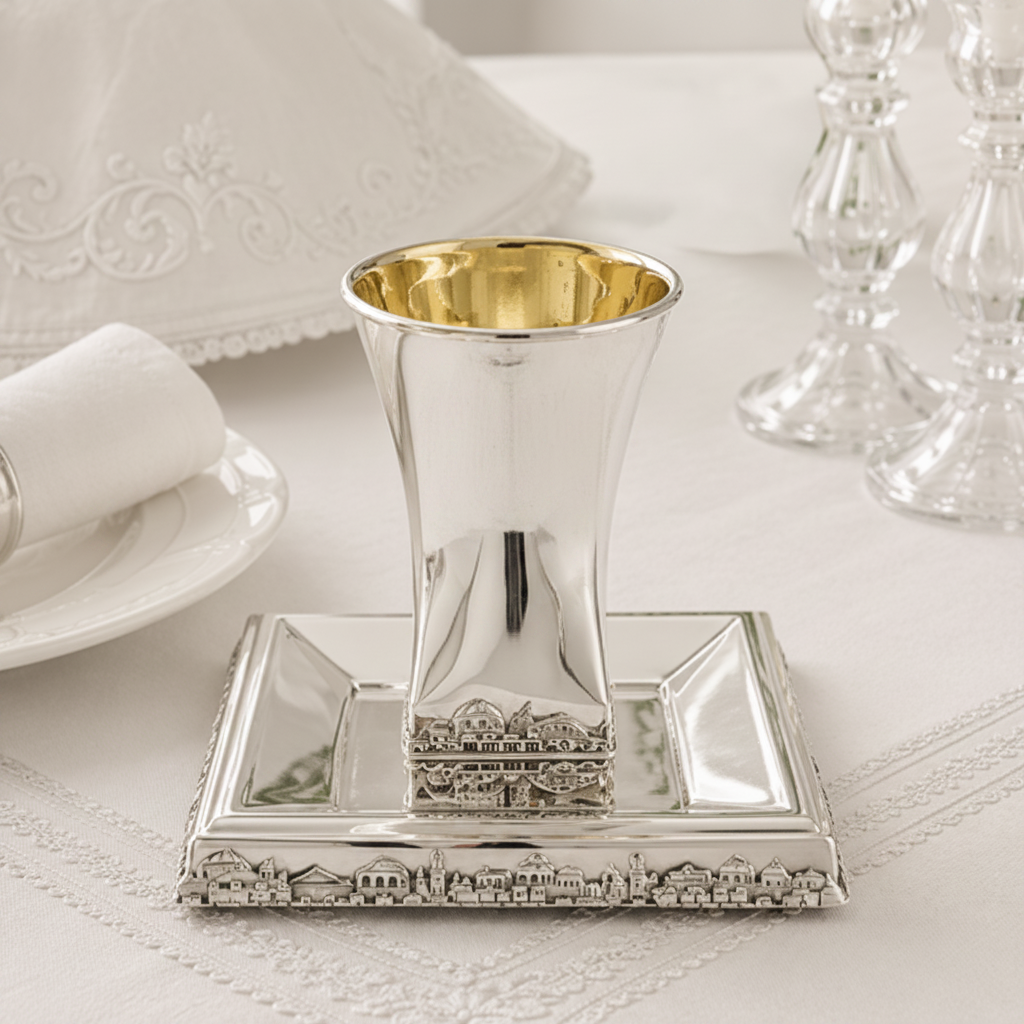 Hadad bros A silver Kiddush cup with a gold interior, set on a matching square silver tray with a decorative Jerusalem cityscape border