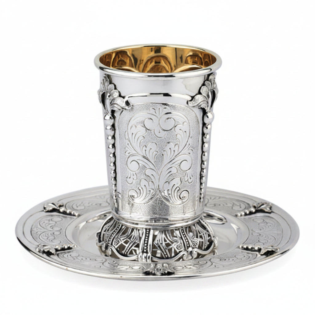 Silver kiddush cup with gold interior on a matching tray against a white background