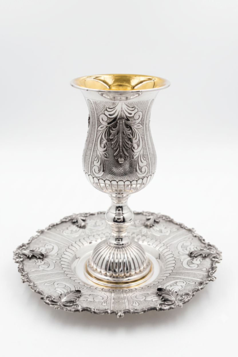 Silver kiddush goblet with gold interior on a matching silver tray against a white background