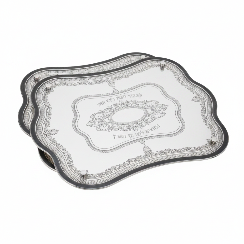 Two decorative challah bread trays with intricate designs on a white background